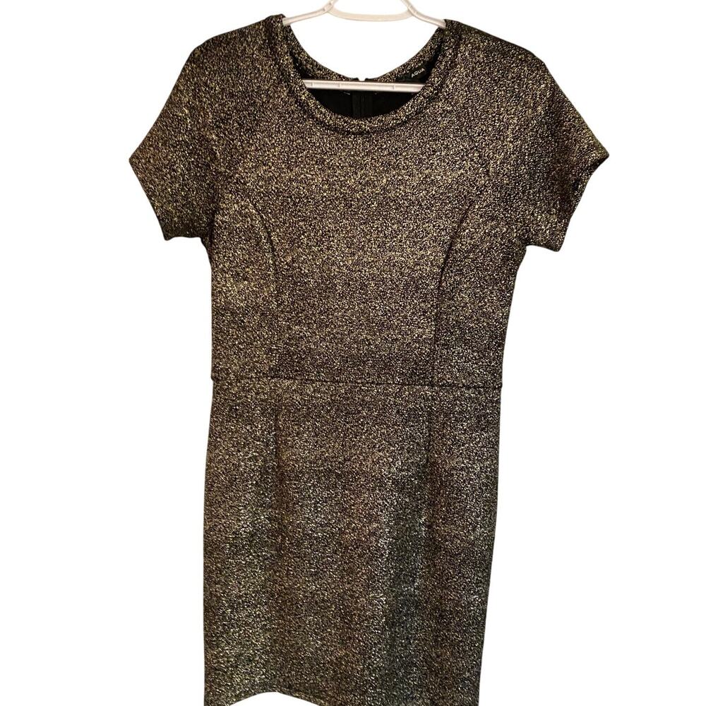 Aqua Metallic Gold Knit Dress M | Short Sleeve Party or Cocktail - Picture 4 of 7